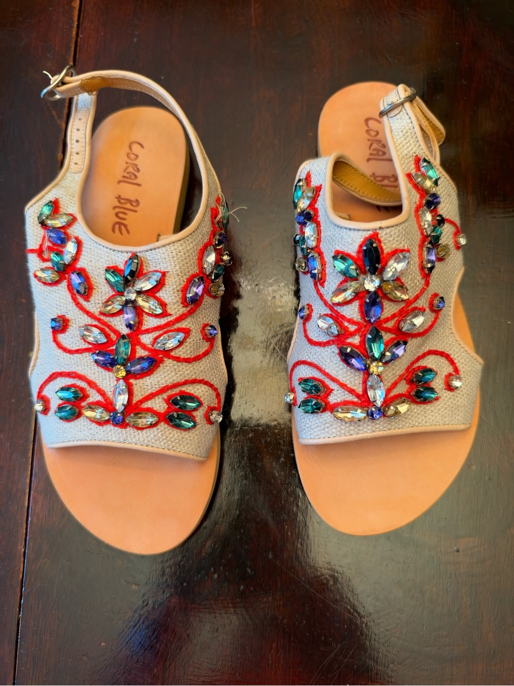 Anthropologie Beige T-strap Sandals with Multicolor Gem Embellishment EU 38